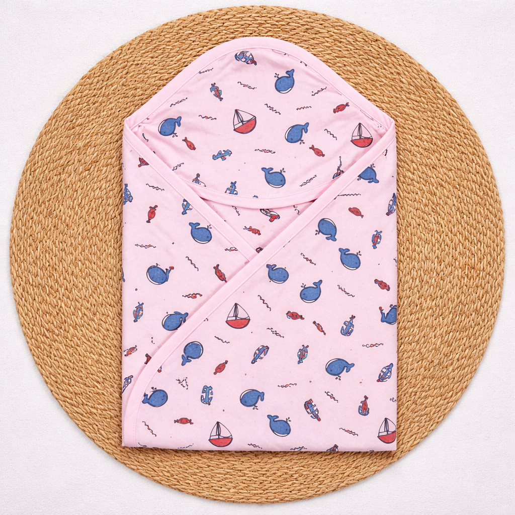 Muslin Double Layer Baby Hooded Towel | Soft Cotton -PINK DOLLPHIN-code:NBE